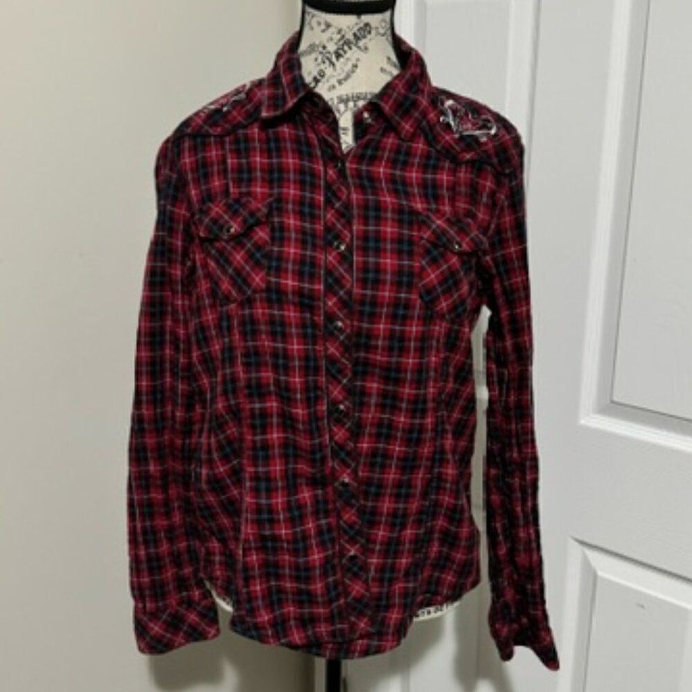 USED Woman's Bit & Bridle Long Sleeve Button Up Shirt Color Navy/Red Size Large
